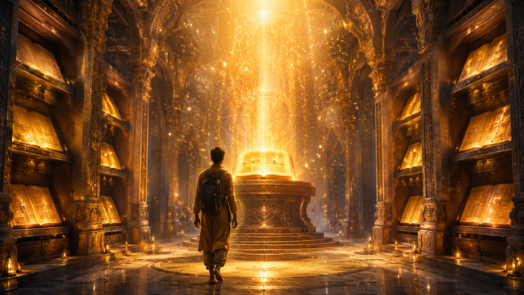A symbolic representation of the search for the best Upanishad and timeless wisdom.